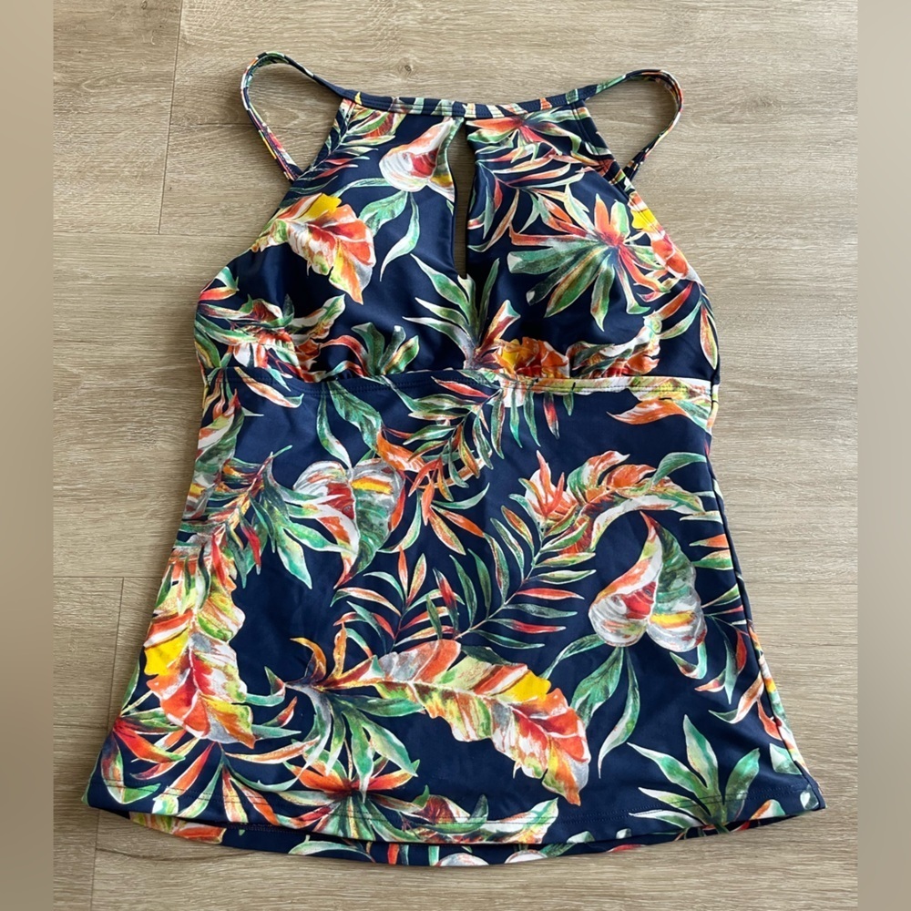 Ellen Tracy High Neck Tankini Top Tropical Leaf Pattern SZ 8